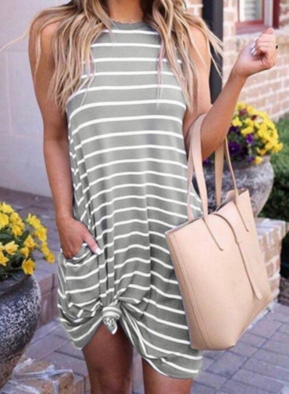 Gray Striped Dress w/ Pockets