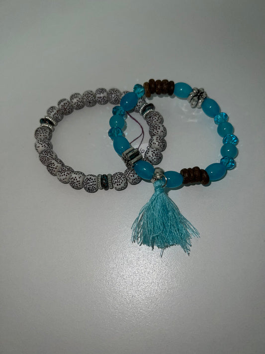 Blue Beaded Bracelet w/ Tassel Set