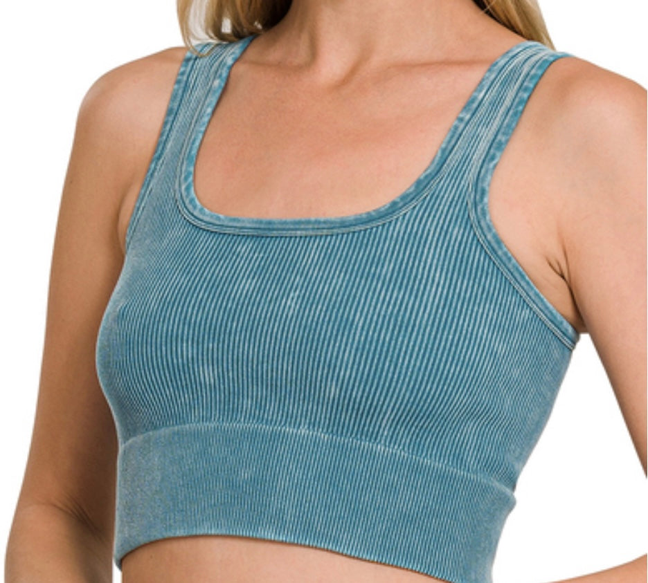 Faded Wash Ribbed Square Neck Cropped Tank