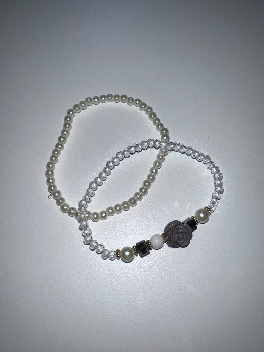 Gray Rose w/ Pearls Bracelet Set