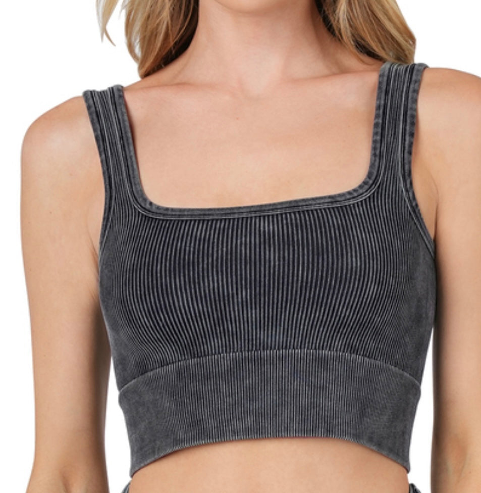 Faded Wash Ribbed Square Neck Cropped Tank